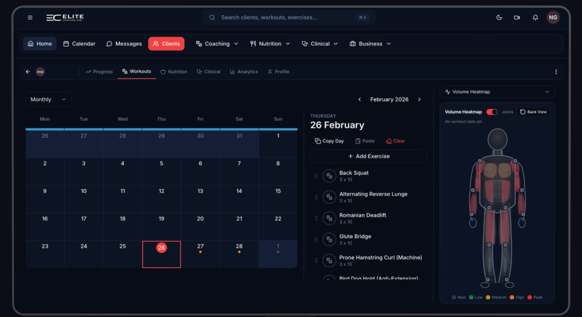 Elite Coaching Hub coaching software dashboard showing client progress tracking and programme builder